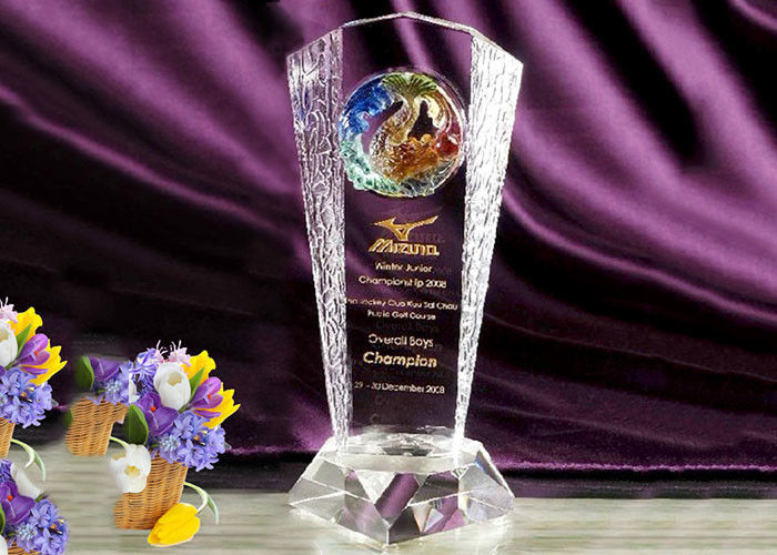 उच्च अंत अनुकूलित क्रिस्टल ग्लास ट्रॉफी पुरस्कार रंगीन शीशे का आवरण के साथ